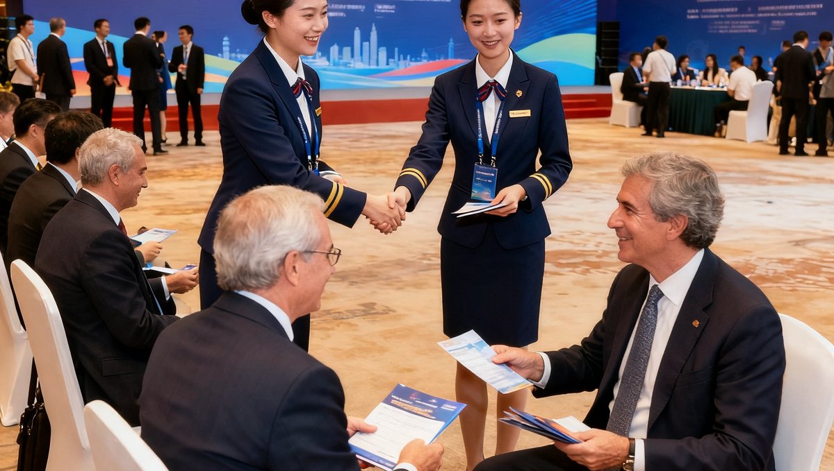 太阳贵宾会集团在2025粤港澳大湾区国际论坛现场为外宾提供接待服务的场景照片